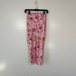 Emily HSU Leggings Womens Small Crop Compression Pink Rose Floral Art